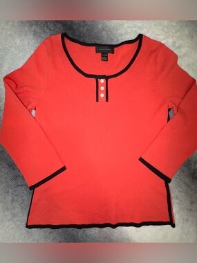 (A6) Pointelle Red Coral Knit Top Office - Size M - Textured Black Trim Career